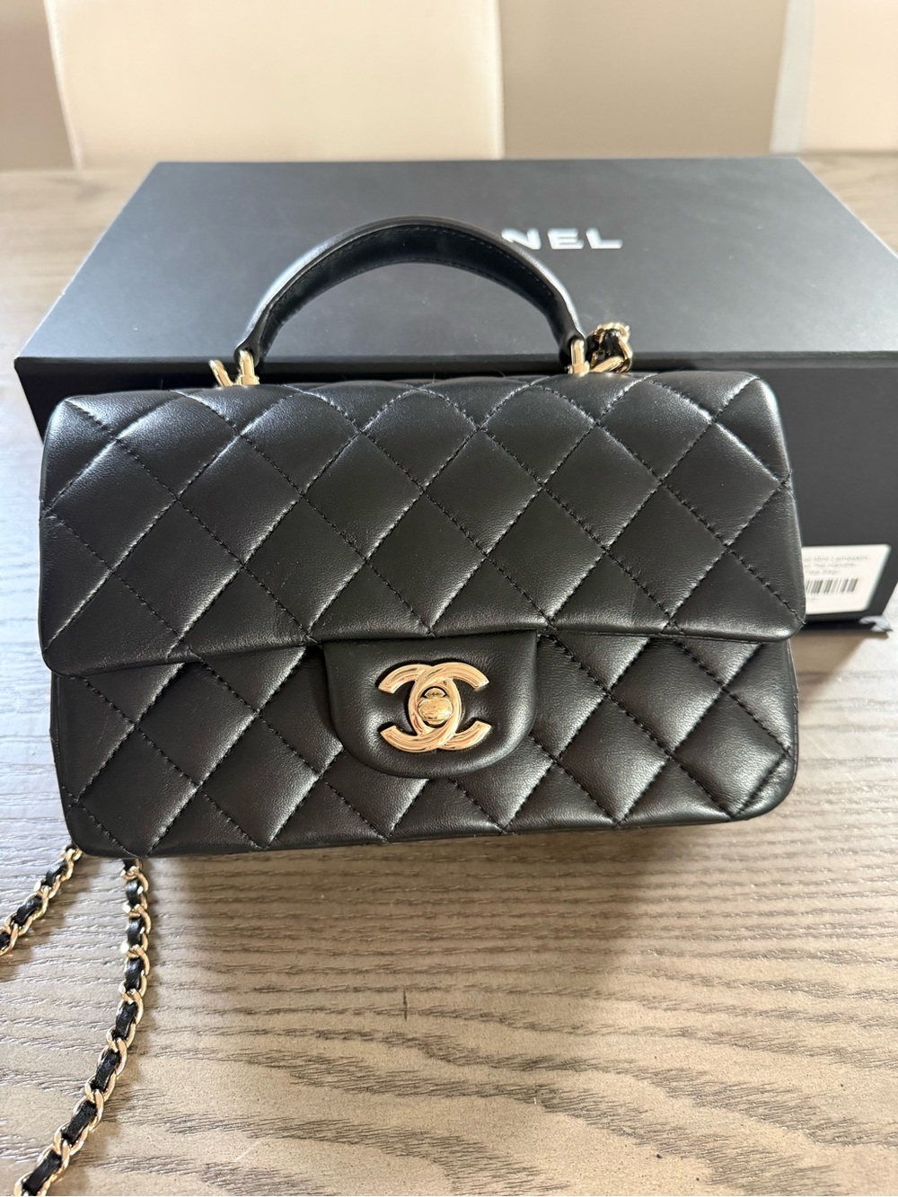 CHANEL  Quilted Lambskin Mini Flap Top Handle Shoulder Bag with Gold Hardware